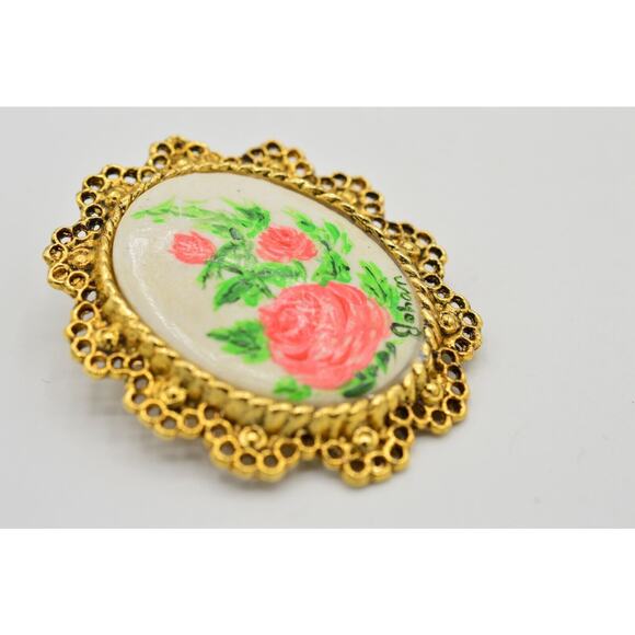 Artist Johan Painted Vintage Statement Pin Brooch Floral Roses Gold Cameo BinF - Picture 6 of 12